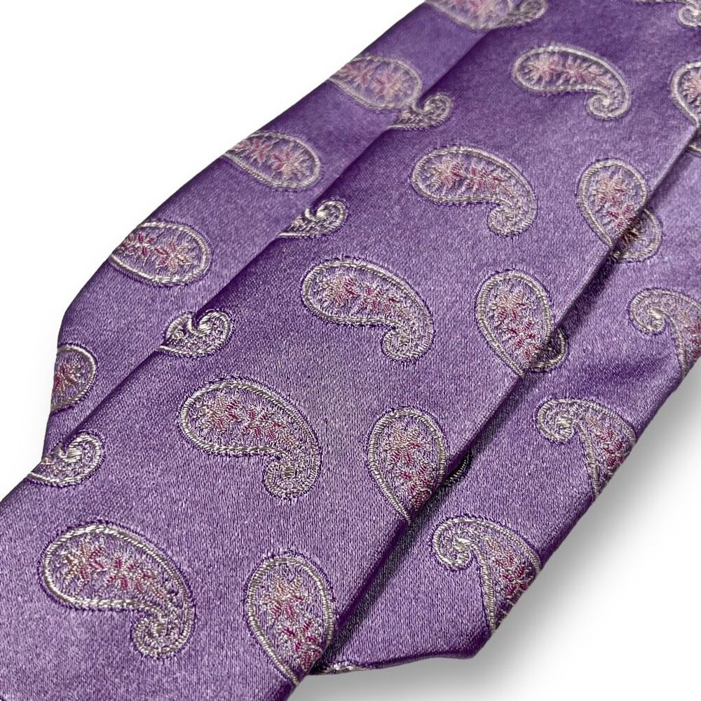 VALENTINO Men’s Purple Designer Paisley Medallion 100% Jacquard Silk Narrow Tie - Picture 8 of 9